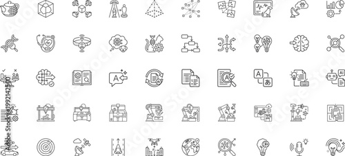 Advanced 3D scanning genetics and language translation technology line icons