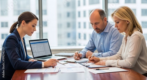 Team of professionals analyzing financial data in modern office meeting