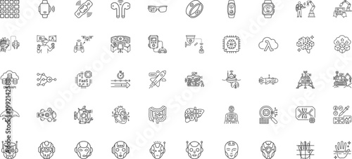Wearable Technology and Medical Biotech Innovation Line Icon Set