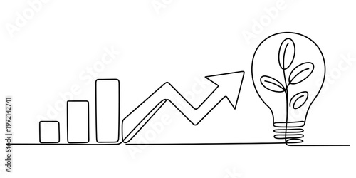 One line art depicting economic growth with a bar chart, rising arrow, and ecological light bulb. Vector, illustration