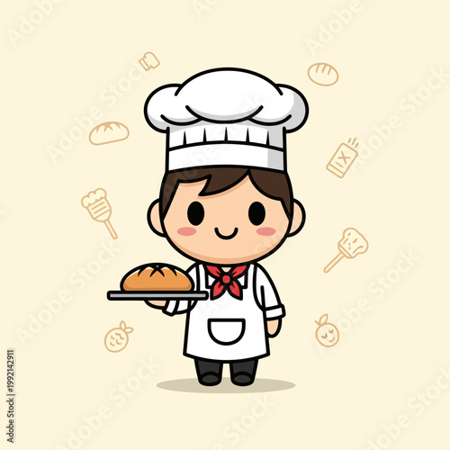 Cartoon Baker Holding Freshly Baked Bread Loaf on Tray.