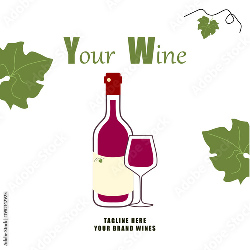 Wine branding template with red wine bottle, glass, and green vine leaves. Editable vector layout for winery logo, posters, and social media banners