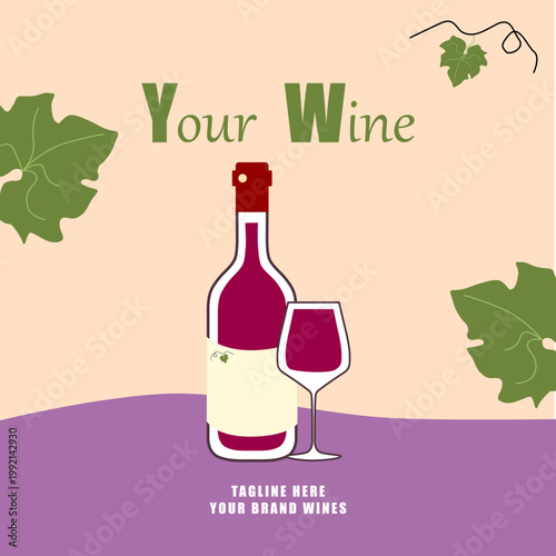 Elegant wine brand layout featuring a red wine bottle and glass with grape leaves on a colored background. Perfect for vineyard social media posts and flyers