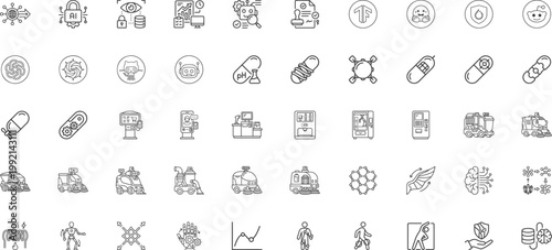 AI development software and pharmaceutical research line icons