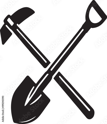 Two gardening tools, a shovel and hoe, are crossed.

