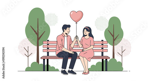 Couple Holding Heart Balloon on Park Bench: Love and Romance Illustration