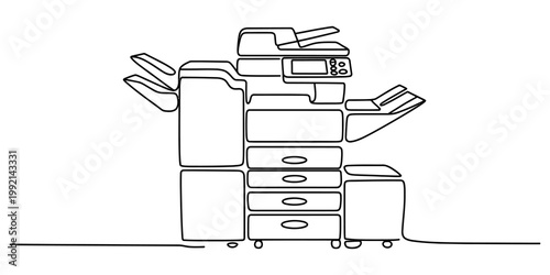 A single continuous line drawing of a large office printer machine showing the paper trays the scanner bed and the output bin on a white background creating a minimalist artistic look for the design. 