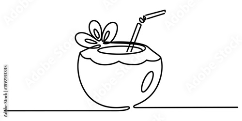 Continuous line drawing of a tropical coconut cocktail with a straw and a flower decoration. Vector, illustration
