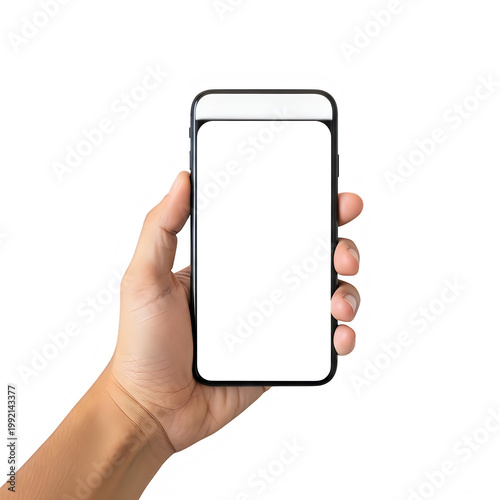 A hand holding a modern smartphone with a blank screen
