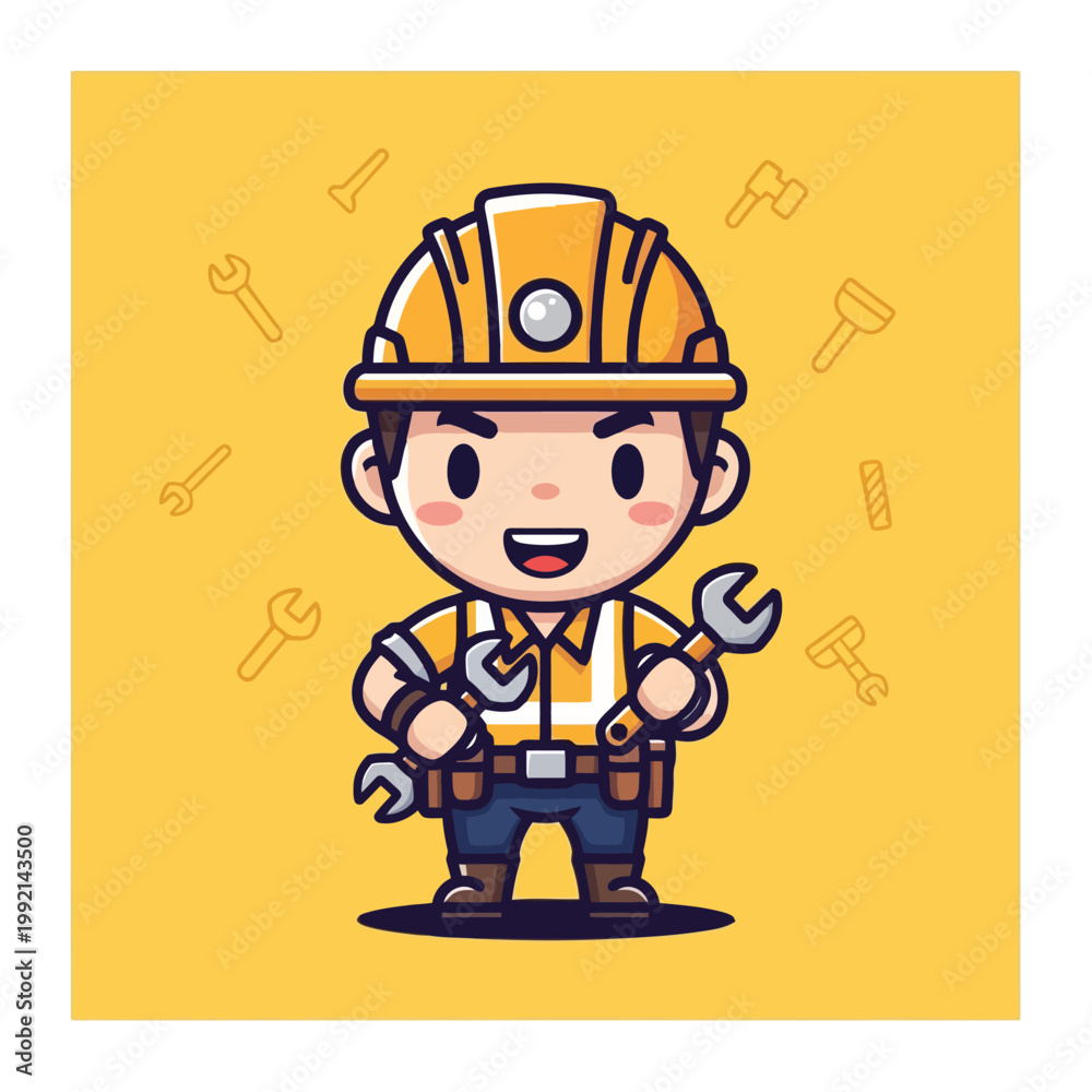 Fototapeta premium Cartoon Construction Worker Holding Wrenches with Cheerful Expression.