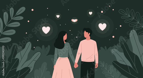Couple Holding Hands Under Romantic Hearts and Stars - Love and Connection Illustration