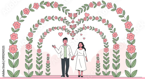 Couple Holding Hands Under Romantic Rose Archway Heart Tunnel