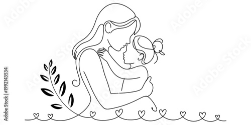 Minimalist line art illustration of a mother hugging her young daughter with hearts and leaves. Vector, illustration