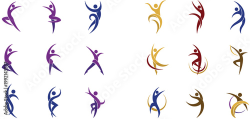 Abstract Dancing People Icons Collection with Dynamic Human Figures in Motion for Fitness, Celebration, Yoga, and Creative Logo Design Illustration