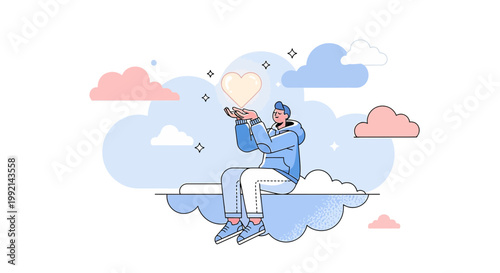 Man Holding Glowing Heart in Clouds, Symbol of Love, Hope, and Dreams