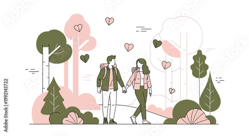 Couple holding hands walking in a park with pink hearts, love and romance illustration