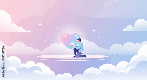 Man holding glowing heart in sky, love, romance, fantasy, abstract clouds, surreal, dreamlike