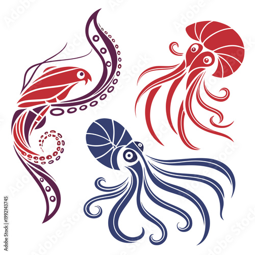 A colorful vector graphic illustration of three stylized octopuses in red, blue, and purple hues, showcasing their tentacles and unique designs.