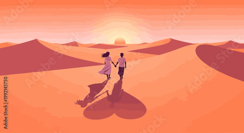 Couple Holding Hands Walking in Desert at Sunset, Heart Shadow
