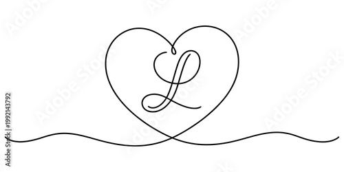 Continuous line drawing of a heart with a cursive letter l inside on a white background Vector, illustration