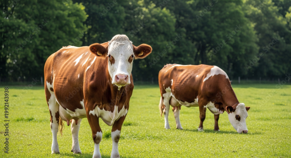 Naklejka premium Two dairy cows grazing in a lush green meadow on a sunny day