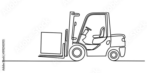 Continuous line drawing of a forklift truck carrying a cardboard box in a warehouse setting Vector, illustration