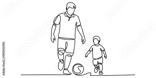 Continuous line drawing of a father and son playing soccer together on a white background Vector, illustration