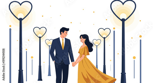 Couple Holding Hands Walking Under Heart Shaped Streetlights