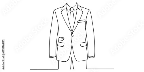 Minimalist continuous line drawing of a formal mens suit jacket with shirt and necktie Vector, illustration