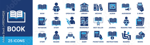 Book icon set. Containing library, read, author, journal, reading, bookshelf, magazine, e-book and more. Vector solid icons collection.