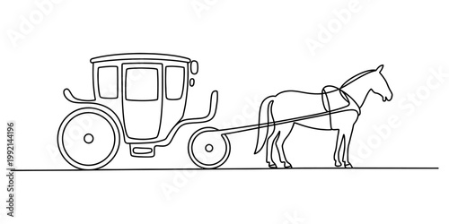 Continuous line drawing of a vintage horse-drawn carriage with an elegant stallion silhouette. Vector, illustration