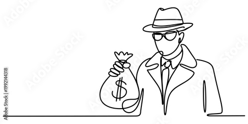 A single line drawing of a mysterious man in a hat wearing glasses while holding a large heavy sack of us dollars. Vector, illustration