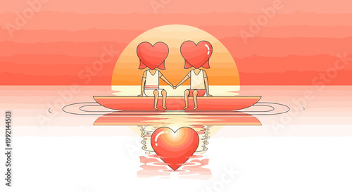 Couple Holding Hands With Heart Heads on Sunset Lake, Love Romance