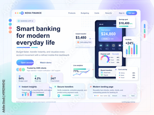 Mobile banking app landing page with pastel finance dashboard, smartphone UI mockup, payment cards, charts, and analytics on light background