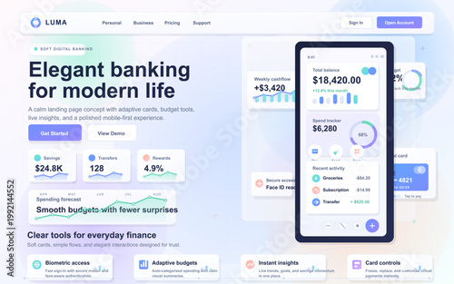 Soft pastel mobile banking landing page with smartphone UI mockup, finance cards, cashflow charts, budget widgets, and analytics panels