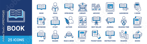 Book icon set. Containing library, read, author, journal, reading, bookshelf, magazine, e-book and more. Vector blue icons collection.
