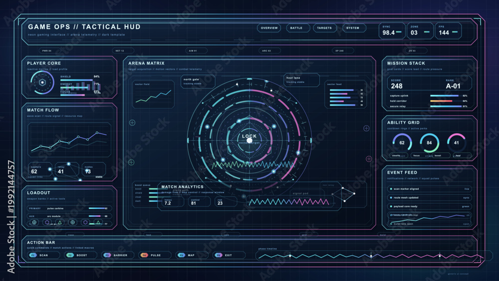 Obraz premium Futuristic tactical gaming HUD interface with circular target scanner, mission panels, and neon telemetry widgets on dark background design