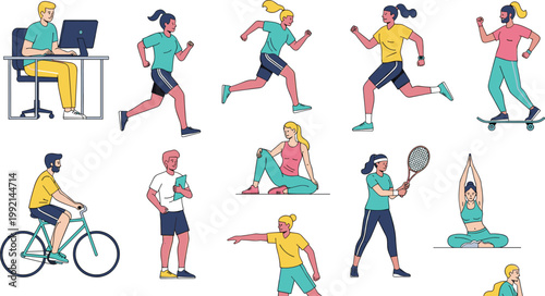 Active Lifestyle People Vector Set with Running Cycling Yoga Tennis and Fitness Activities Illustration Collection