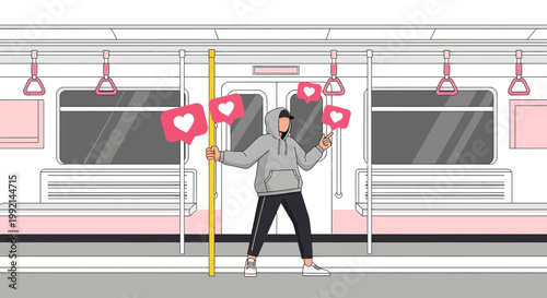 Man holding heart icons in subway, social media likes, online validation, digital connection concept