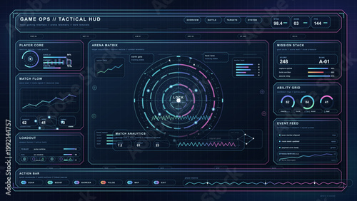 Futuristic tactical gaming HUD interface with circular target scanner, mission panels, and neon telemetry widgets on dark background design