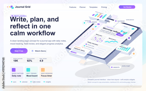 Isometric journal app landing page with planner dashboard, calendar widgets, mood analytics, and pastel productivity cards on clean background