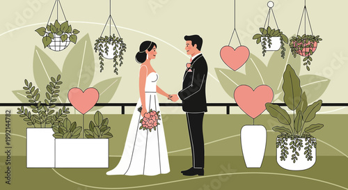 Couple Holding Hands, Bride and Groom, Romantic Wedding Illustration with Hearts and Plants