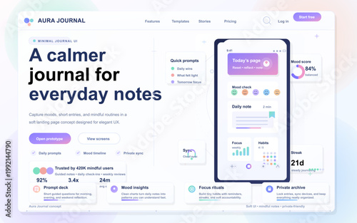 Minimal journal landing page interface with smartphone mood tracker, habit cards, wellness widgets, and pastel gradient UI on white background