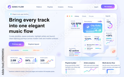 Modern music streaming landing page with playlist dashboard, analytics cards, pastel gradient widgets, and elegant web interface design