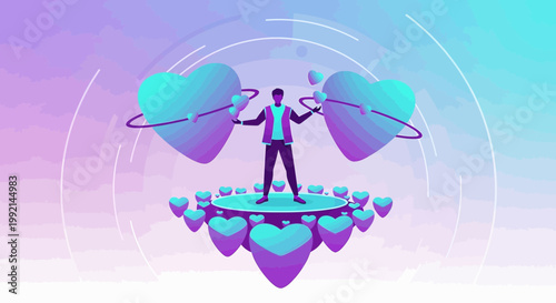 Man Holding Hearts in Abstract Gradient Background - Love, Connection, Digital Art