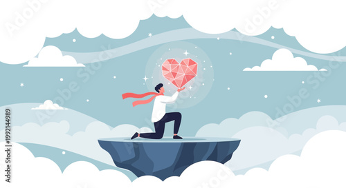 Man holding glowing geometric heart on floating island in clouds, love, care, abstract concept