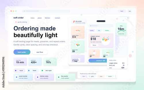 Food ordering landing page interface with mobile meal cards, checkout summary, courier ETA widget, and pastel ecommerce blocks layout design