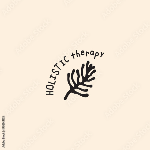 Holistic therapy vector logo template with hand drawn organic leaf branch and curved typography on beige background