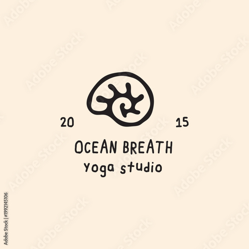 Ocean breath yoga studio logo template with hand drawn nautilus shell symbol and vintage lettering