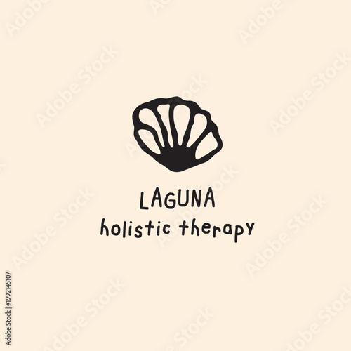 Holistic therapy logo template with hand drawn seashell symbol and organic brush lettering